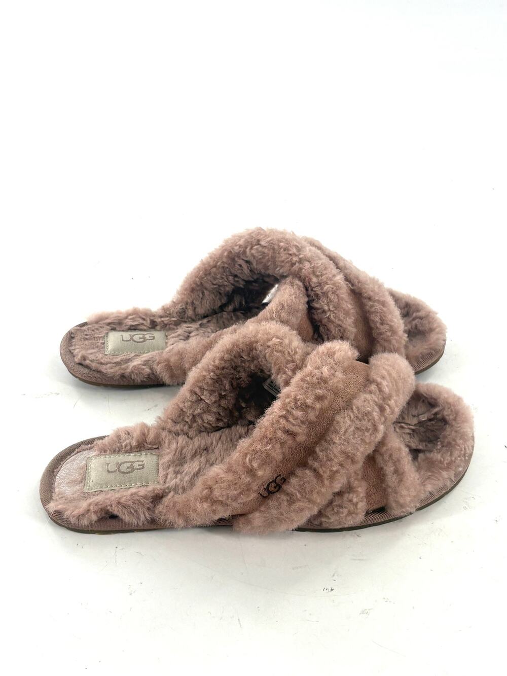 Ugg Fuzz Cross Slide Sandals 7 Mauve Pink Tan Comfort Prep Lounge